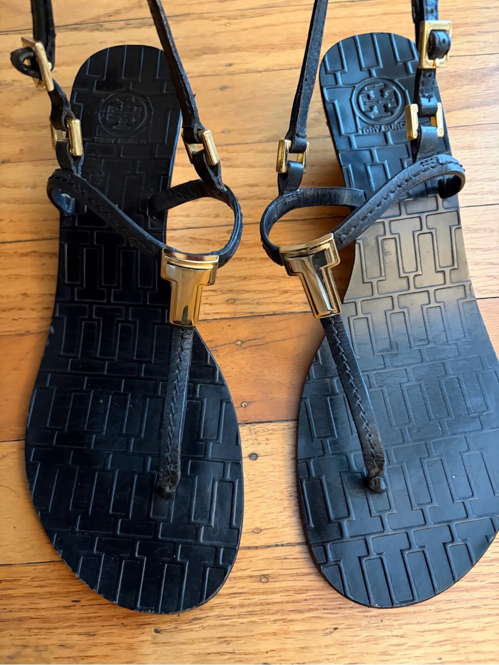 Tory Burch Pauline Black Leather T-Strap Sandals with Gold T-Logo Accents